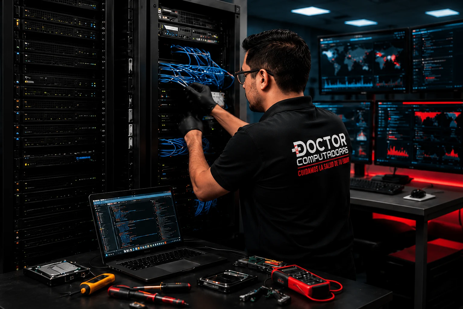 Técnico de Doctor Computadoras Guatemala trabajando en infraestructura tecnológica